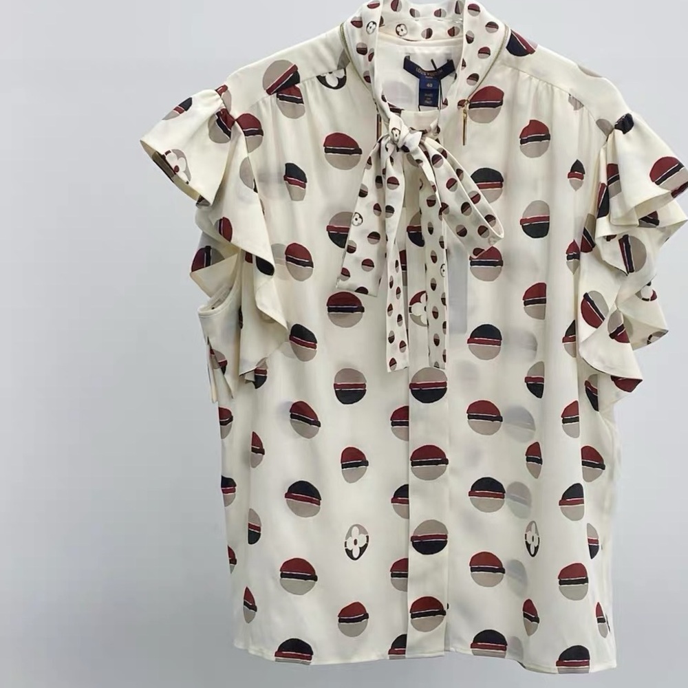 🚩steal authentic Louis Vuitton Cream and Red Patterned Ruffle Blouse